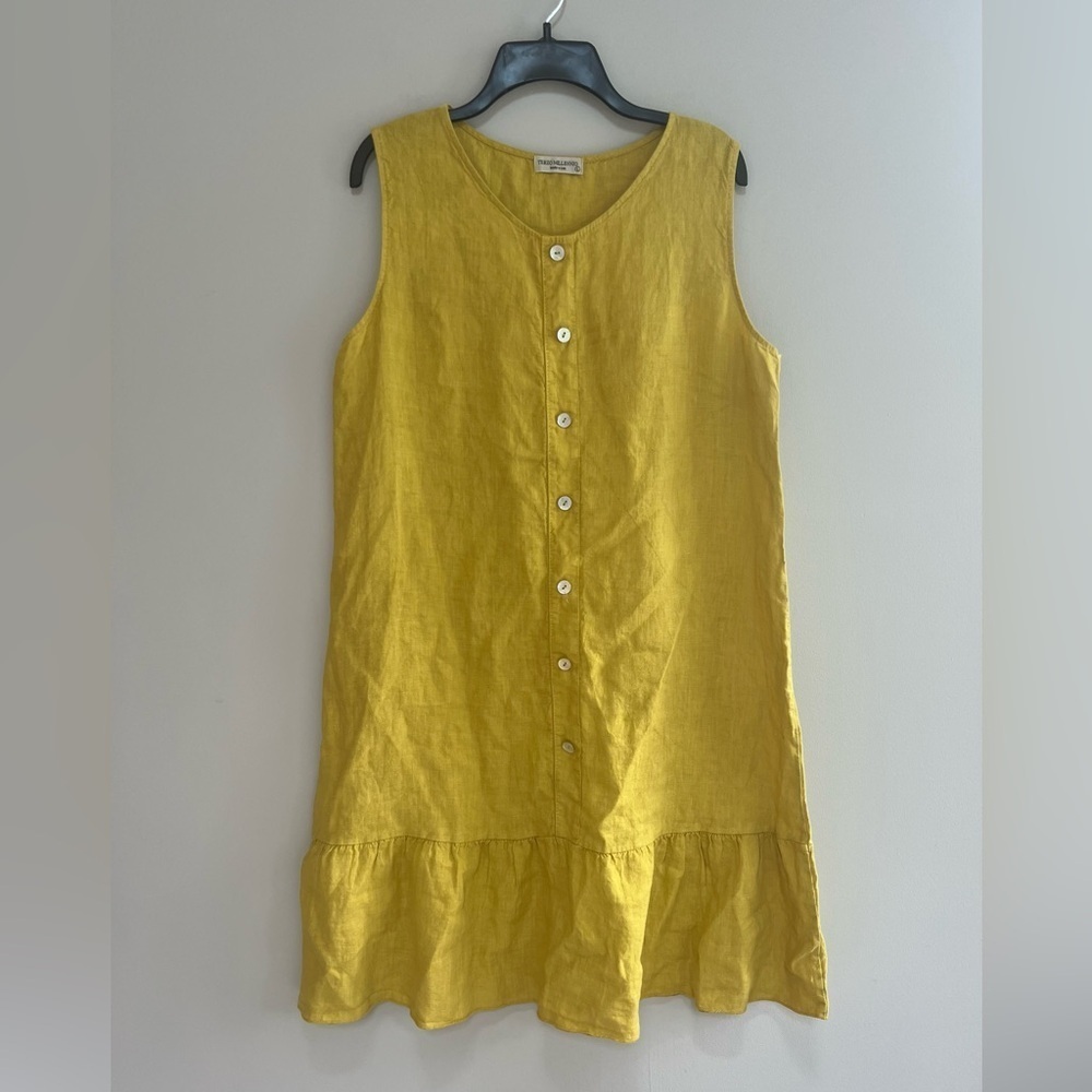 Terzo Millennio Linen Ruffle Hem Shift Sleeveless Dress Chartreuse Yellow, Large